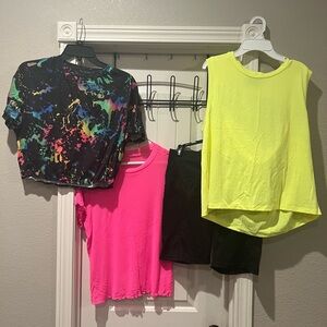 Bundle of 4 Vibrant Women's Tops tee and one biker short. 80s party, retro, neon